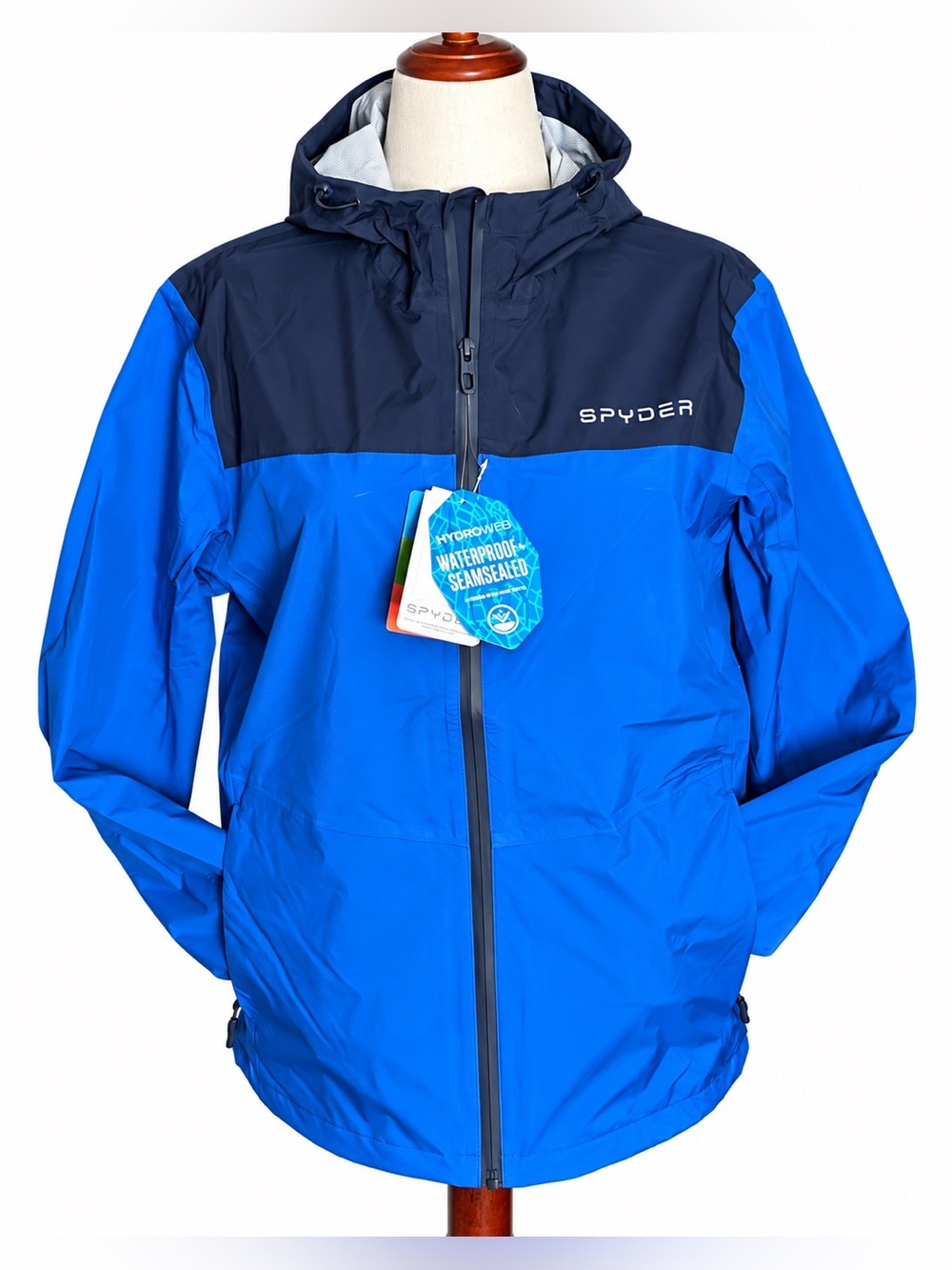 Spyder Mens Small Blue and Navy Hooded Waterproof Lightweight Jacket